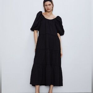 ZARA BLACK TIERED TEXTURED MAXI DRESS SZ M